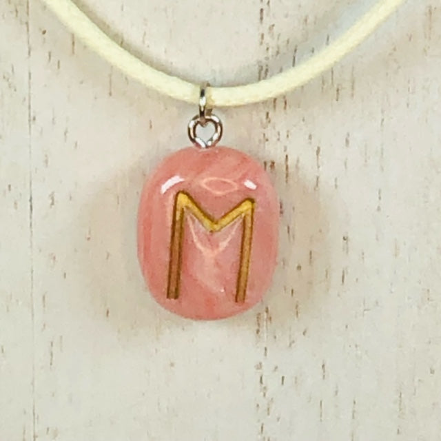 Handmade Polymer Clay Rune Pendant - Faux Rose Quartz - Ehwaz