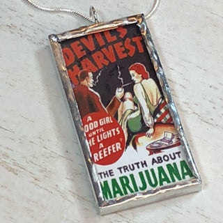 Handmade Double-Sided Glass and Silver Soldered Charm Pendant Necklace - 1"x 2" - Silvergleem Finish - Devil's Harvest