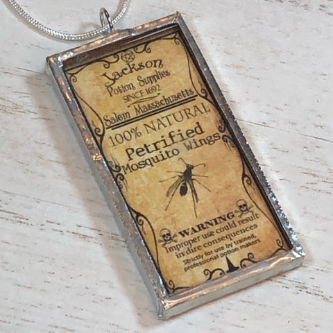 Handmade Double-Sided Glass and Silver Soldered Charm Pendant Necklace - 1"x 2" - Pewter Finish - Mosquito Wings and Wool of Bat