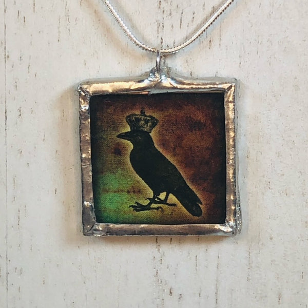 Handmade Double-Sided Glass and Silver Soldered Charm Pendant Necklace - 1"x 1" - Pewter Finish - King Crow and POISON