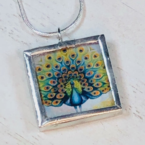 Handmade Reversible Glass and Silver Soldered Charm Pendant Necklace - 1"x 1" - Pewter Finish - Peacocks