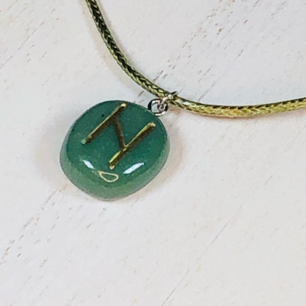 Handmade Polymer Clay Rune Pendant - Faux Deep Green Jade - Hagalaz