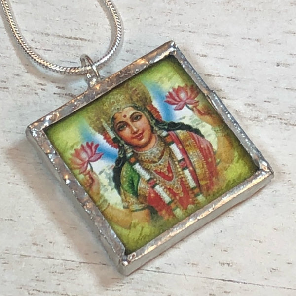 Handmade Double-Sided Glass and Silver Soldered Charm Pendant Necklace - 1"x 1" - Pewter Finish - Hindu Women