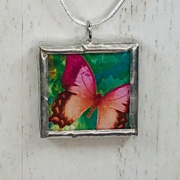 Handmade Reversible Glass and Silver Soldered Charm Pendant Necklace - 1"x 1" - Pewter Finish - Colorful Butterflies