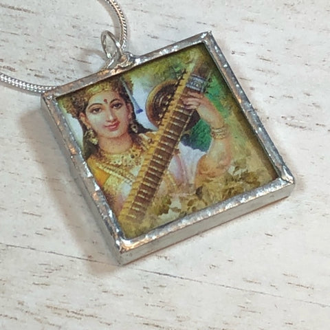 Handmade Double-Sided Glass and Silver Soldered Charm Pendant Necklace - 1"x 1" - Pewter Finish - Hindu Women