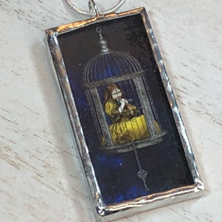 Handmade Double-Sided Glass and Silver Soldered Charm Pendant Necklace - 1"x 2" - Silvergleem Finish - Babe in a Cage
