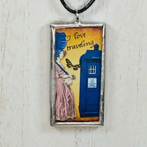 Handmade Double-Sided Glass and Silver Soldered Charm Pendant Necklace - 1"x 2" - Silvergleem Finish - TARDIS