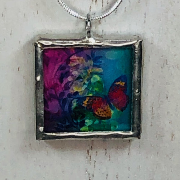 Handmade Reversible Glass and Silver Soldered Charm Pendant Necklace - 1"x 1" - Pewter Finish - Colorful Butterflies