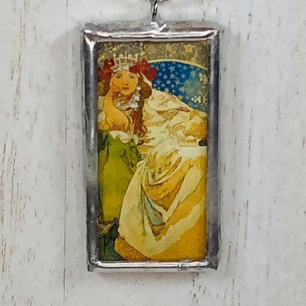 Handmade Double-Sided Glass and Silver Soldered Charm Pendant Necklace - 1"x 2" - Silvergleem Finish - Alphonse Mucha