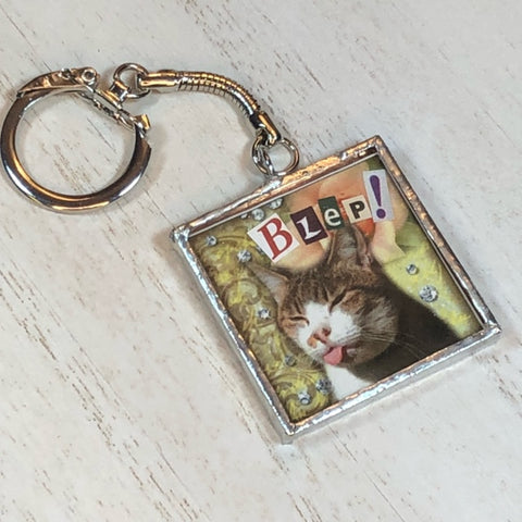 Handmade Glass and Silver Soldered Double-Sided Keychain - Lead Free Pewter Finish - BLEP!