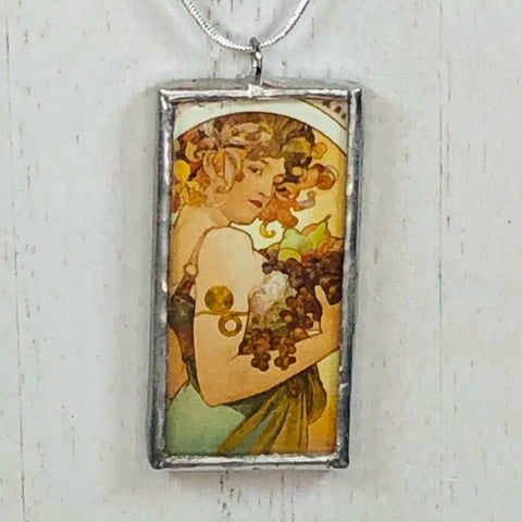 Handmade Double-Sided Glass and Silver Soldered Charm Pendant Necklace - 1"x 2" - Silvergleem Finish - Alphonse Mucha