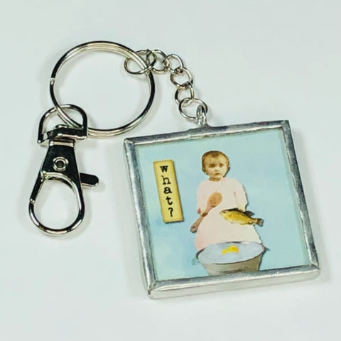 Handmade Glass and Silver Soldered Reversible Keychain - Lead Free Pewter Finish - Cleaning the Fish
