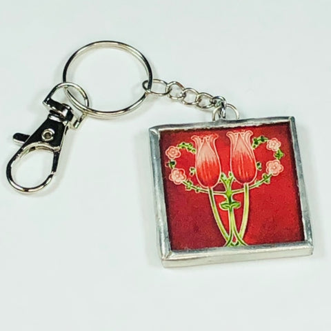 Handmade Glass and Silver Soldered Reversible Keychain - Lead Free Pewter Finish - Art Nouveau Tiles