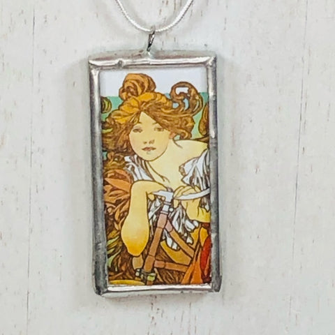 Handmade Reversible Glass and Silver Soldered Charm Pendant Necklace - 1"x 2" - Silvergleem Finish - Alphonse Mucha