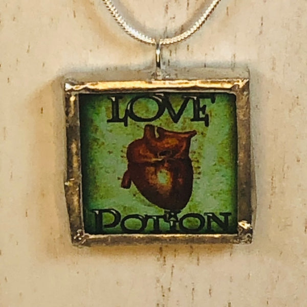 Handmade Double-Sided Glass and Silver Soldered Charm Pendant Necklace - 1"x 1" - Pewter Finish - Perching Owl and Love Potion