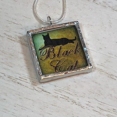 Handmade Double-Sided Glass and Silver Soldered Charm Pendant Necklace - 1"x 1" - Pewter Finish - Black Cat and Witch