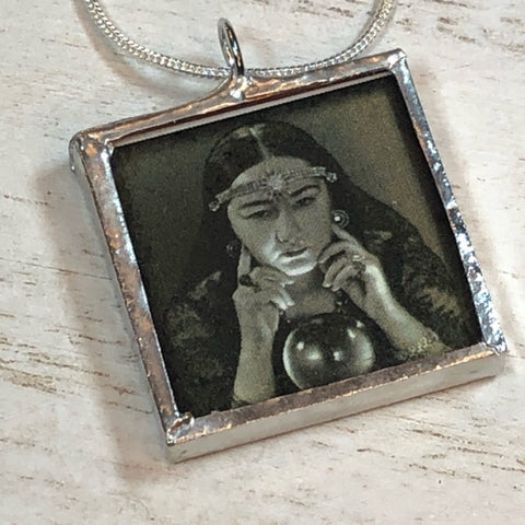 Handmade Double-Sided Glass and Silver Soldered Charm Pendant Necklace - 1"x 1" - Pewter Finish - Psychic and Skeleton