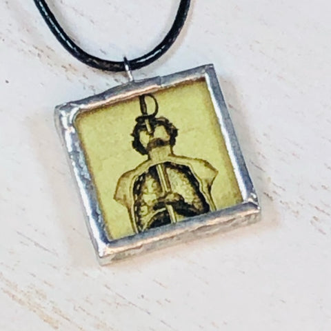 Handmade Reversible Glass and Silver Soldered Charm Pendant Necklace - Pewter Finish - 1"x 1"