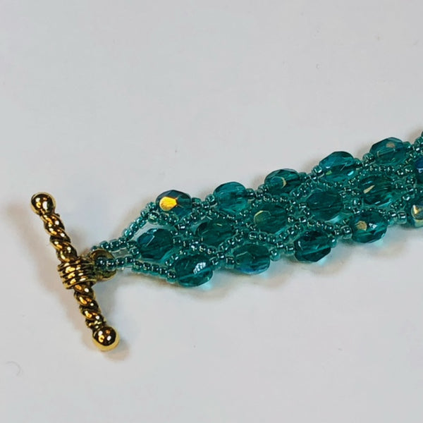 Handstitched Beaded Toggle Bracelet with Fire Polished Teal Czech Glass Beads