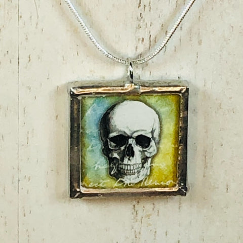 Handmade Reversible Glass and Silver Soldered Charm Pendant Necklace - 1"x 1" - Skulls