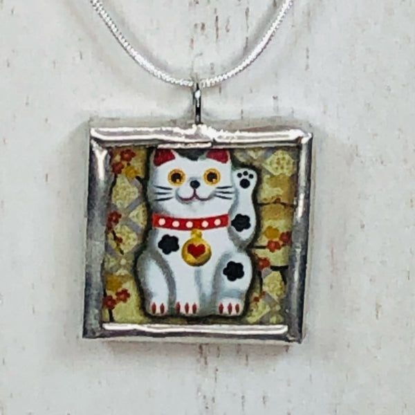 Handmade Reversible Glass and Silver Soldered Charm Pendant Necklace -  1"x 1" - Pewter Finish - Maneki-Neko