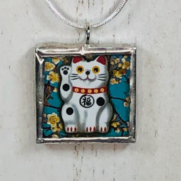 Handmade Reversible Glass and Silver Soldered Charm Pendant Necklace -  1"x 1" - Pewter Finish - Maneki-Neko