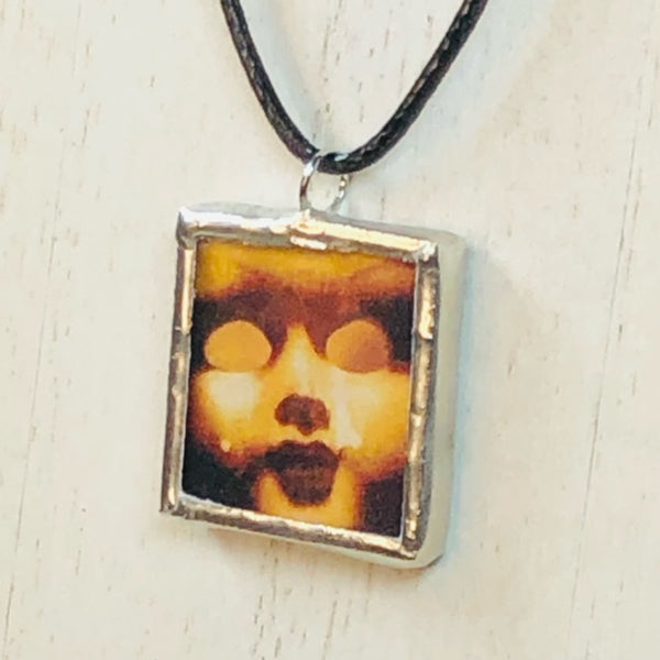 Handmade Reversible Glass and Silver Soldered Charm Pendant Necklace - Pewter Finish - 1"x 1" - Creepy Doll Head