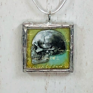 Handmade Reversible Glass and Silver Soldered Charm Pendant Necklace - 1"x 1" - Pewter Finish - Skulls