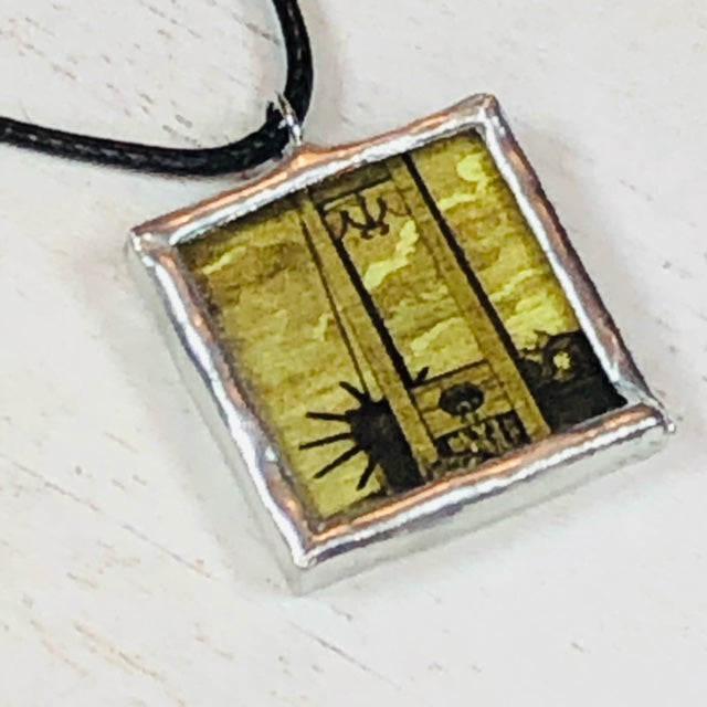 Handmade Reversible Glass and Silver Soldered Charm Pendant Necklace - Pewter Finish - 1"x 1" - Guillotine