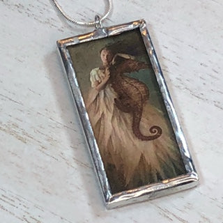 Handmade Double-Sided Glass and Silver Soldered Charm Pendant Necklace - 1"x 2" - Silvergleem Finish - I'm in Love With a Seahorse