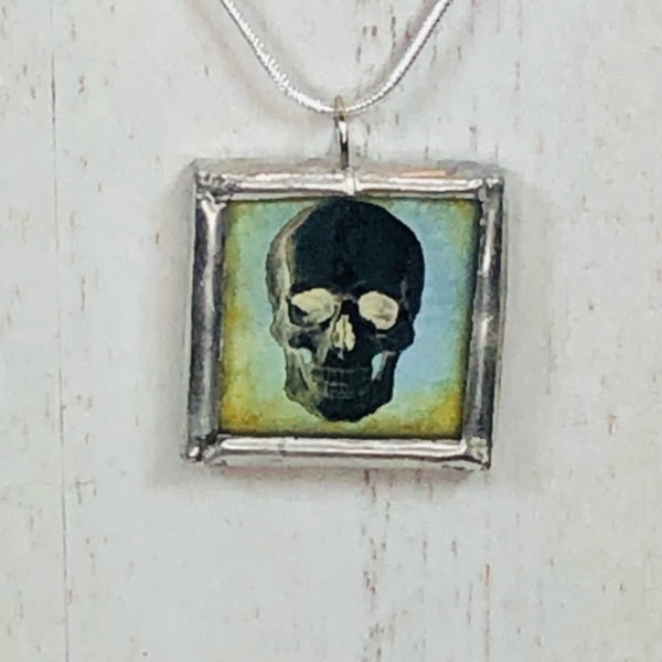 Handmade Reversible Glass and Silver Soldered Charm Pendant Necklace - 1"x 1" - Pewter Finish - Skulls