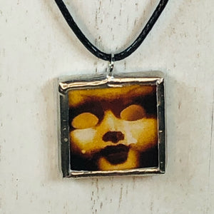 Handmade Reversible Glass and Silver Soldered Charm Pendant Necklace - Pewter Finish - 1"x 1" - Creepy Doll Head