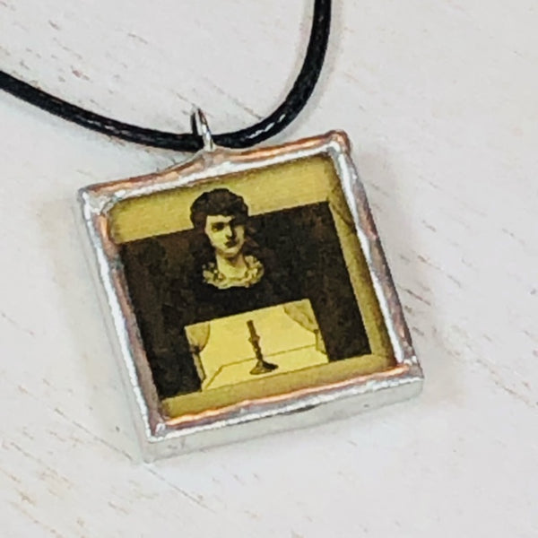 Handmade Reversible Glass and Silver Soldered Charm Pendant Necklace - Pewter Finish - 1"x 1" - Guillotine