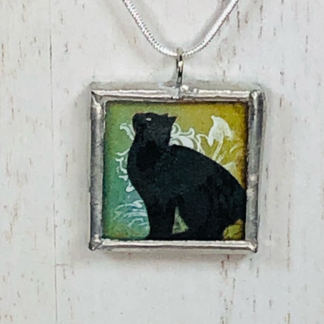 Handmade Reversible Glass and Silver Soldered Charm Pendant Necklace - 1"x 1" - Pewter Finish - Black Cats