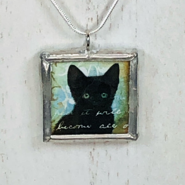 Handmade Reversible Glass and Silver Soldered Charm Pendant Necklace - 1"x 1" - Pewter Finish - Black Cats