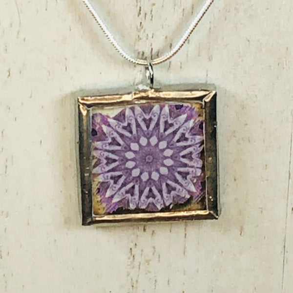 Handmade Reversible Glass and Silver Soldered Charm Pendant Necklace - 1"x 1" - Crown Chakra - I am Laughter