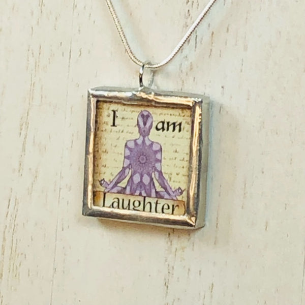 Handmade Reversible Glass and Silver Soldered Charm Pendant Necklace - 1"x 1" - Crown Chakra - I am Laughter