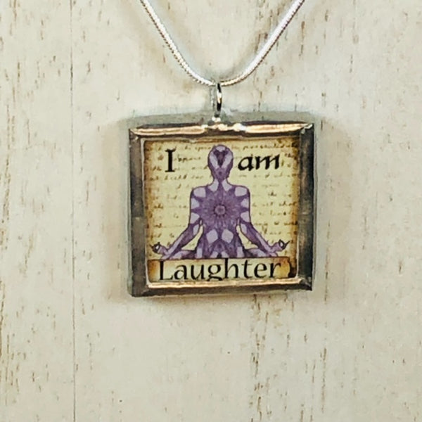 Handmade Reversible Glass and Silver Soldered Charm Pendant Necklace - 1"x 1" - Crown Chakra - I am Laughter