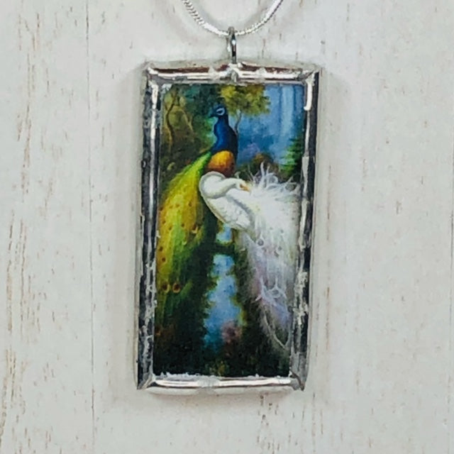 Handmade Double-Sided Glass and Silver Soldered Charm Pendant Necklace - 1"x 2" - Silvergleem Finish - Peacocks