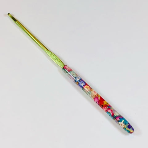 Polymer Clay Covered Crochet Hook - Loops & Threads - Size D/3 3.25mm - Flowers and Translucent Butterflies