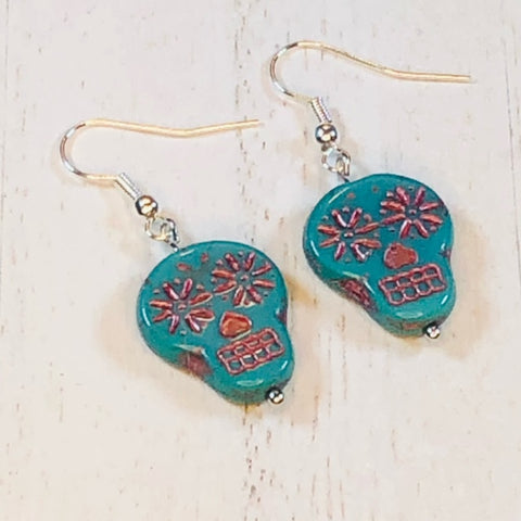 Handmade Sugar Skull Dangle Earrings - Turquoise and Iridescent Pink - Jenn Ross Designs