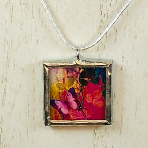 Handmade Reversible Glass and Silver Soldered Charm Pendant Necklace - 1"x 1" - Pretty Butterflies