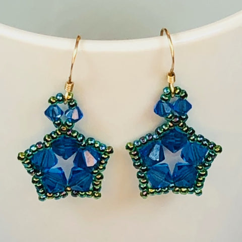 Handwoven Star Shaped Blue and Green Beaded Earrings - Gold Plated Earwires