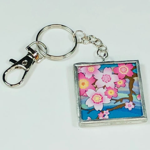 Handmade Glass and Silver Soldered Reversible Keychain - Lead Free Pewter Finish - Cherry Blossom