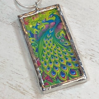 Handmade Double-Sided Glass and Silver Soldered Charm Pendant Necklace - 1"x 2" - Silvergleem Finish - Peacocks