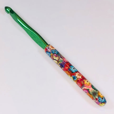 Polymer Clay Embellished Crochet Hook - Susan Bates - Size K10.5 6.50mm - Flowers and Yellow Butterflies