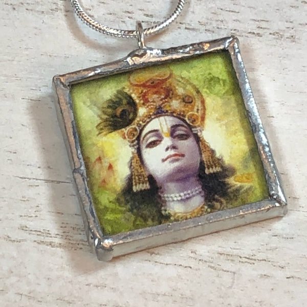 Handmade Double-Sided Glass and Silver Soldered Charm Pendant Necklace - 1"x 1" - Pewter Finish - More Hindu Deities