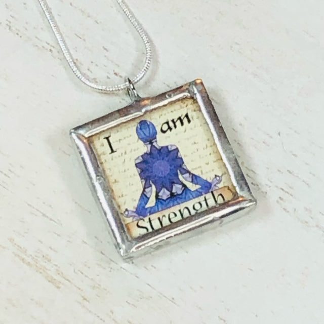 Handmade Reversible Glass and Silver Soldered Charm Pendant Necklace - 1"x 1" - Crown Chakra - I Am Strength