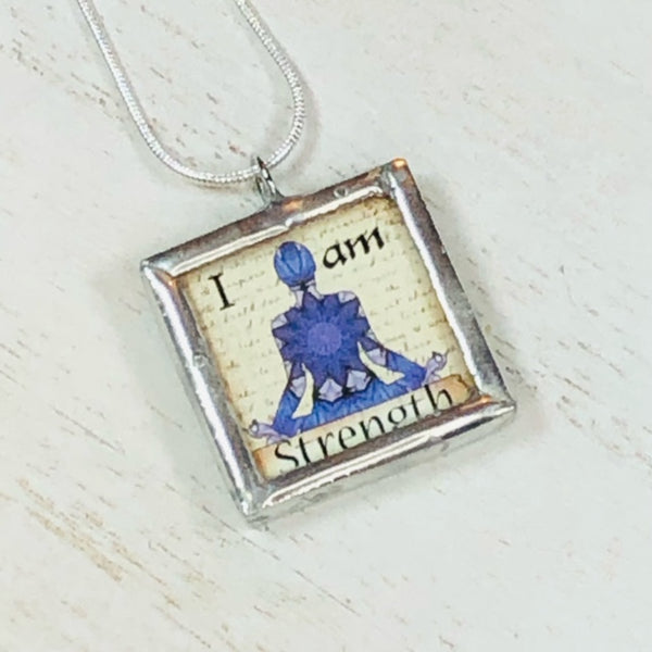 Handmade Reversible Glass and Silver Soldered Charm Pendant Necklace - 1"x 1" - Crown Chakra - I Am Strength