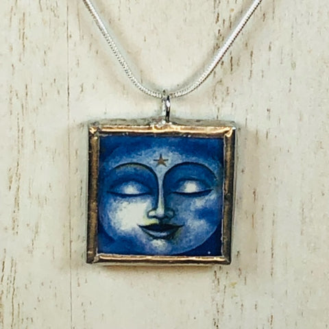 Handmade Reversible Glass and Silver Soldered Charm Pendant Necklace - 1"x 1" - Blue Moon